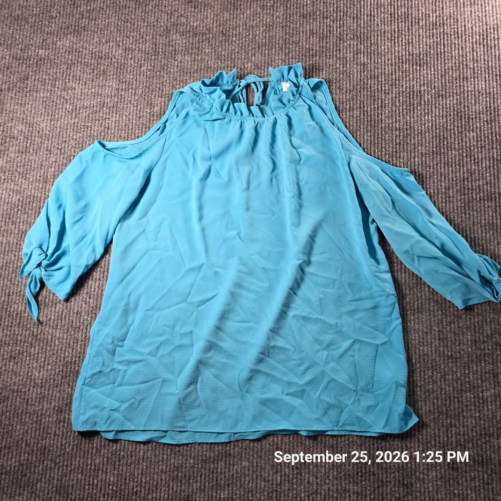 Ces Femme Blue Cold Shoulder Ruffle Neck Tie Cuff Blouse Large IT1602